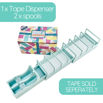 The Tape Zoomie tape dispenser making holiday gift wrapping quicker with multiple pre-cut tape strips. Tape sold separately. 