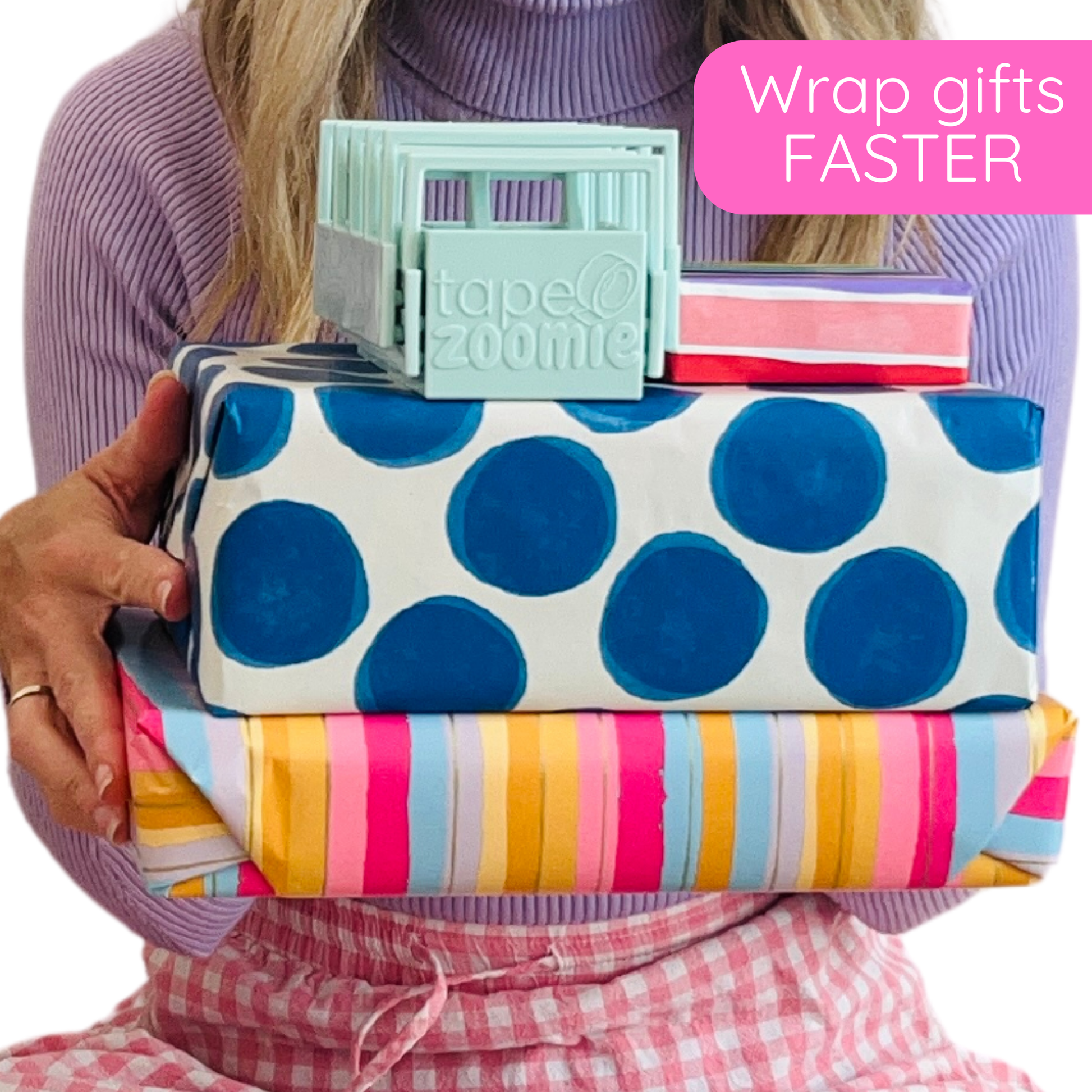 Efficient tape dispenser providing quick and easy access to tape for faster wrapping.