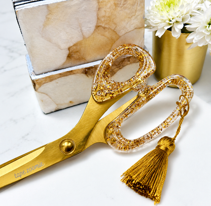 Tape Zoomie Goldie craft scissors with gold glitter handles and gold tassel